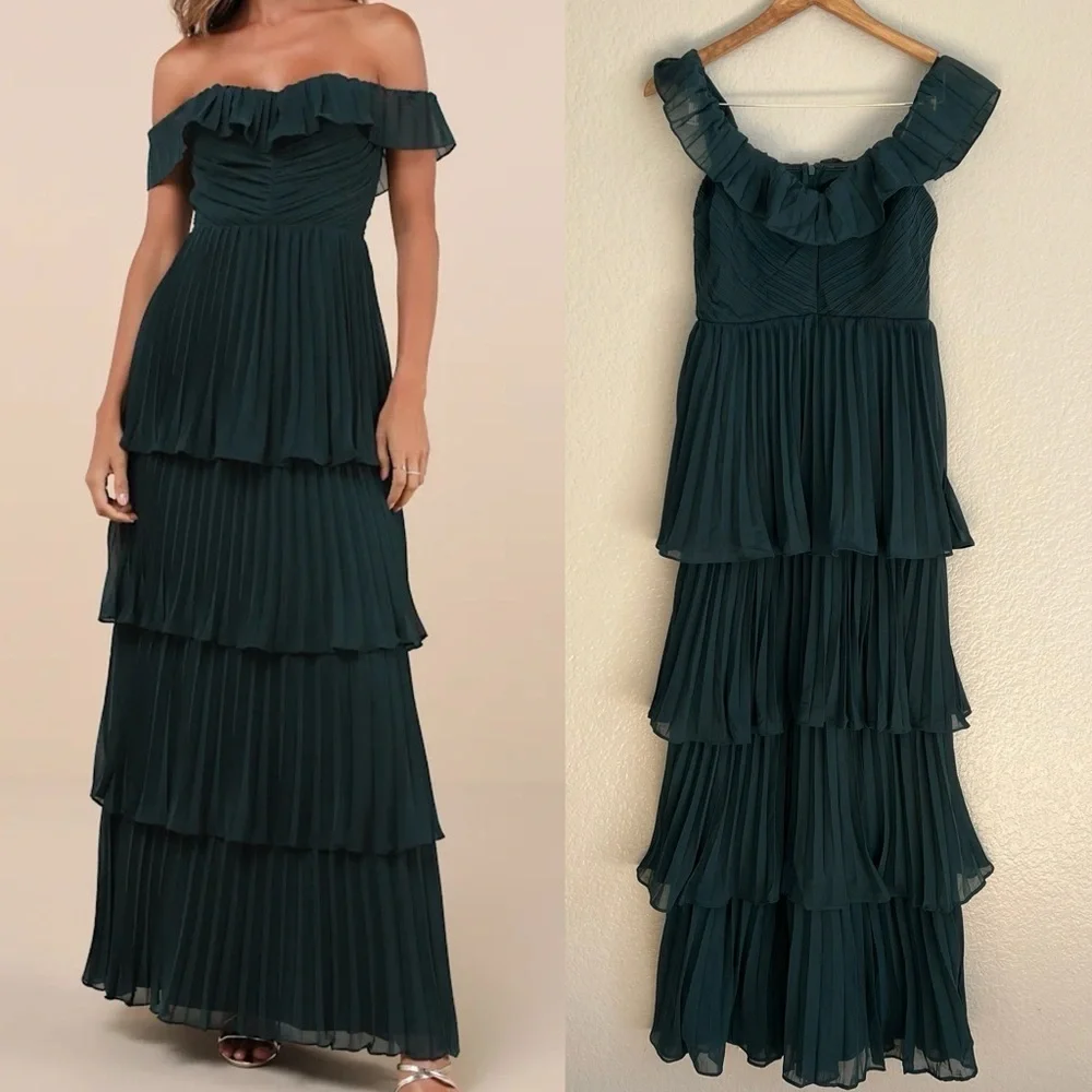 Always Remarkable Emerald Pleated Off-the-Shoulder Maxi Dress - Picture 1 of 10